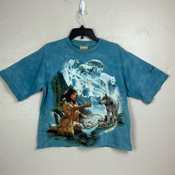 Vtg The Mountain Blue Tie Dye T Shirt Indigenous Woman Wolfs S Dakota MEDIUM USA - Picture 2 of 12